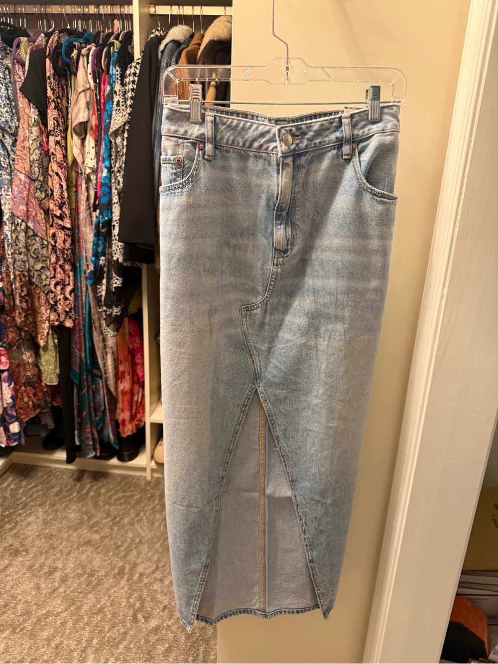 American Eagle Outfitters Light Wash Denim Maxi Skirt with Front Slit